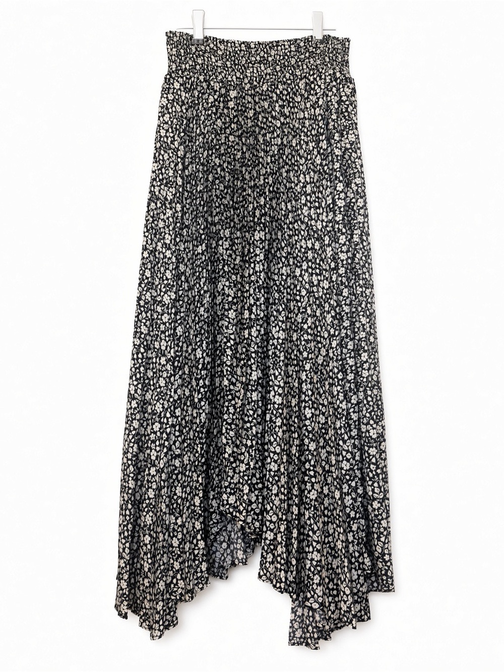 Elie Tahari L Black Ivory Floral Smocked High Low Lined Maxi Skirt